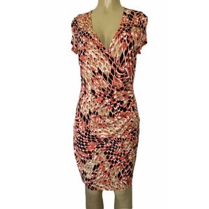 Cache Dress Sheath Cap Sleeve Faux Wrap Orange Coral Surplice V neck Ruc…